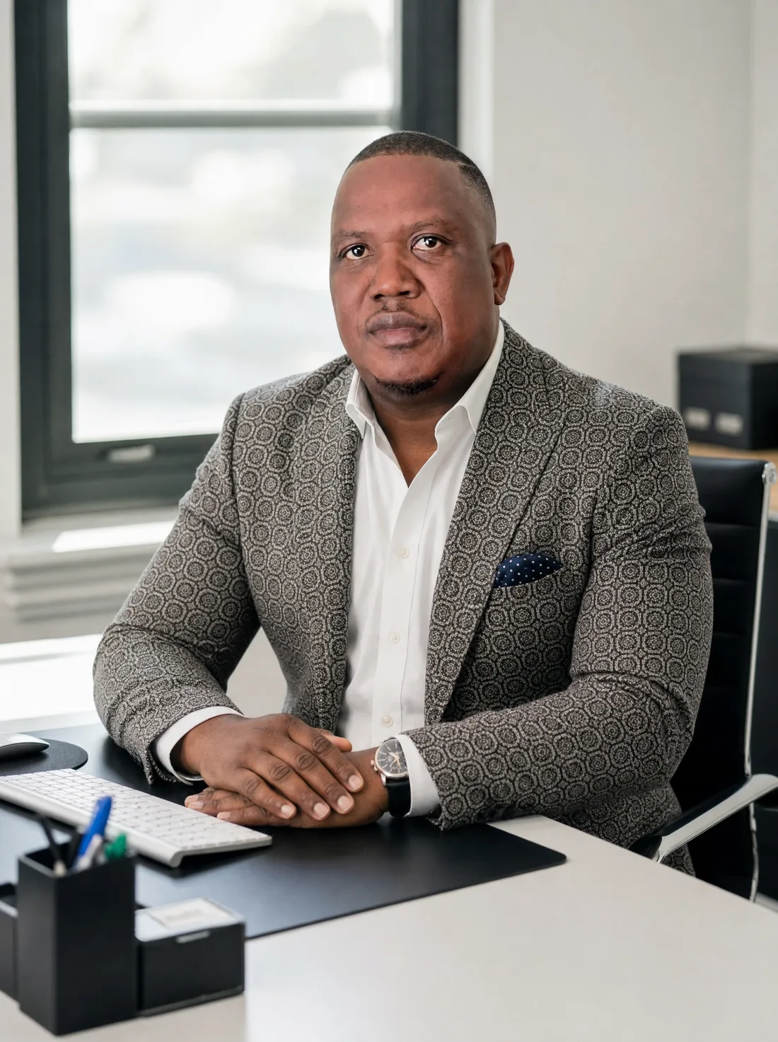Anthony Nkumbe seated at a bright office desk