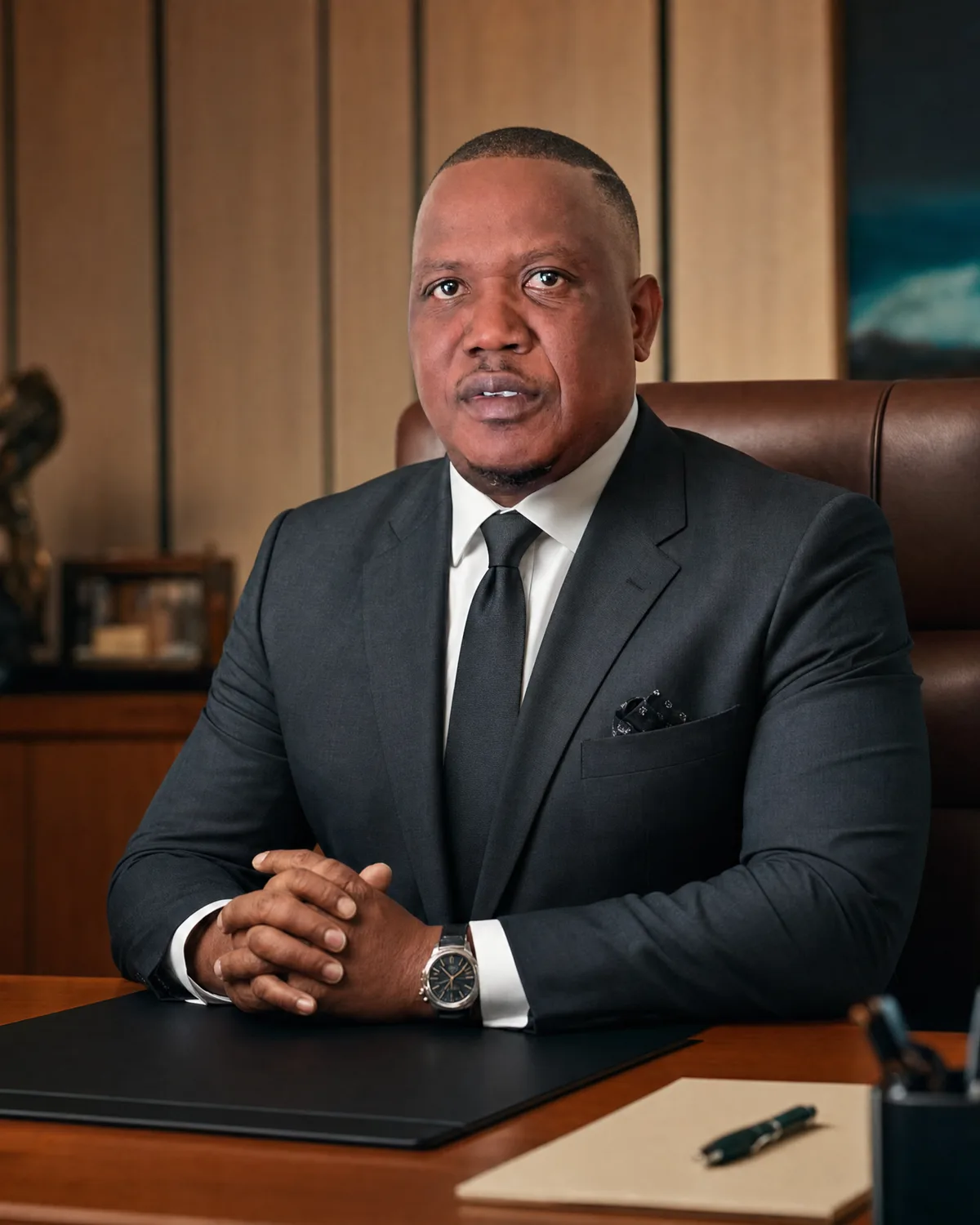 Anthony Nkumbe seated at a wood-panelled executive desk in a dark suit